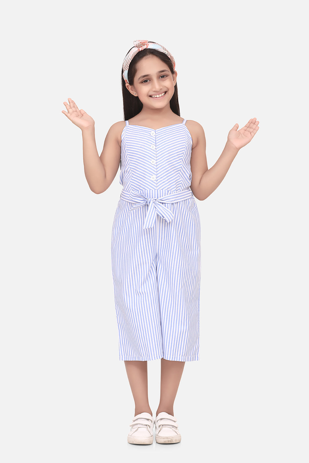 Girl's  Cotton Blend Blue Stripe 3/4Th Jumpsuit