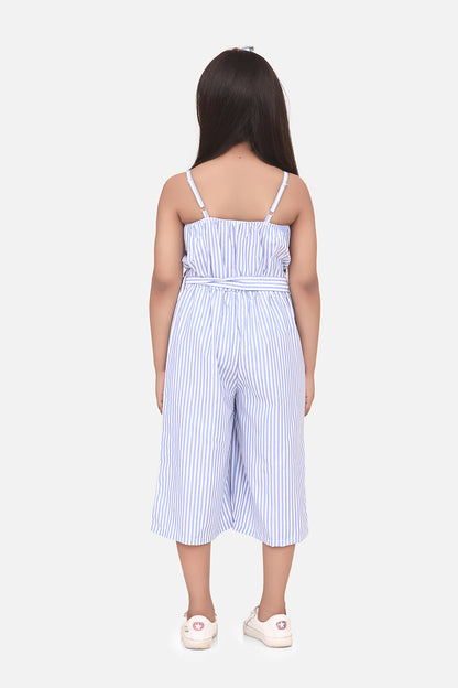 Girl's  Cotton Blend Blue Stripe 3/4Th Jumpsuit