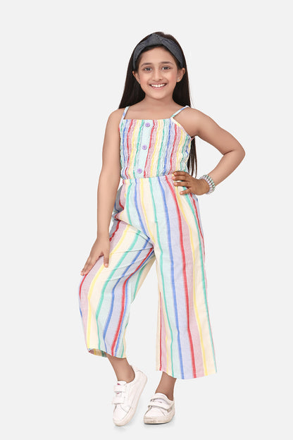 Girl's  Cotton Blend Blue Stripe 3/4Th Jumpsuit