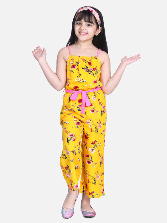 Girl's  Floral Print Jumpsuit With Braided Shoulder Straps