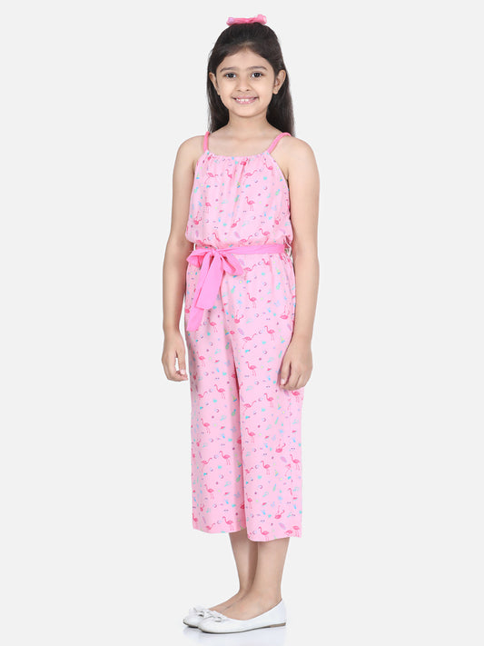 Girl's Flamingo Printed Jumpsuit With Pink Belt