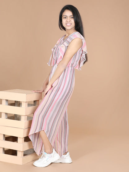 Girl's  Striped Polyester Jumpsuit With Asymmetric Hemline