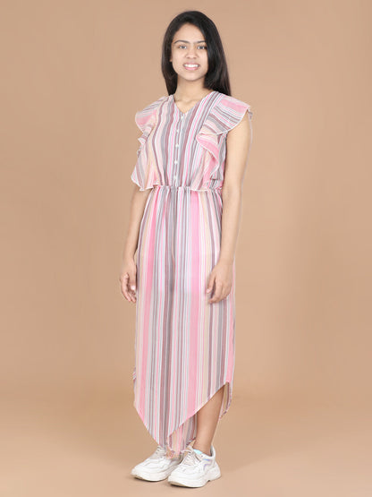 Girl's  Striped Polyester Jumpsuit With Asymmetric Hemline