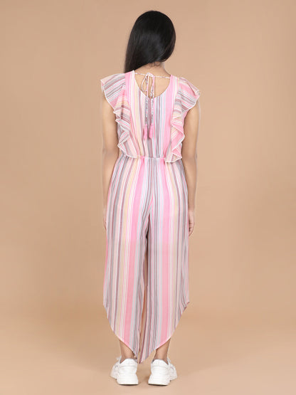 Girl's  Striped Polyester Jumpsuit With Asymmetric Hemline