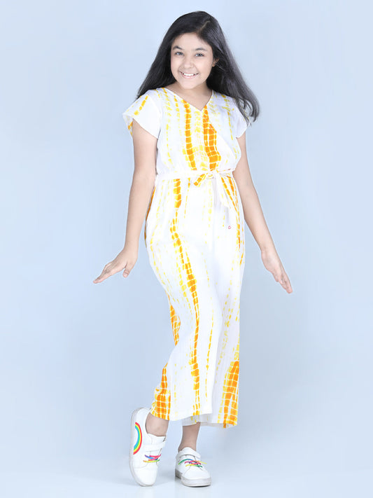 Girl's  Rayon Yellow Tie & Dye Jumpsuit