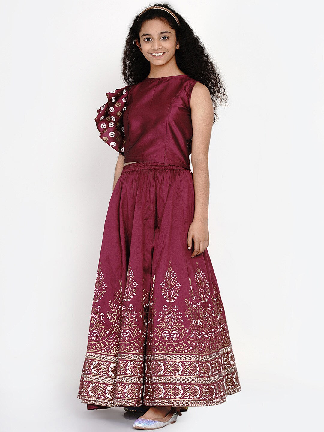 Girl's Burgundy & White Block Print Ready to Wear Lehenga With Choli