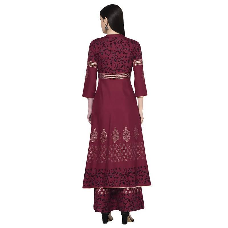 Women's Maroon Anarkali Kurta with Palazzo set by - (2pcs set)