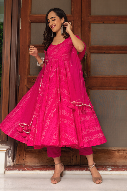 Women's Pink Anarkali suit set with Pants & Dupatta (3pcs set) - Pomcha Jaipur