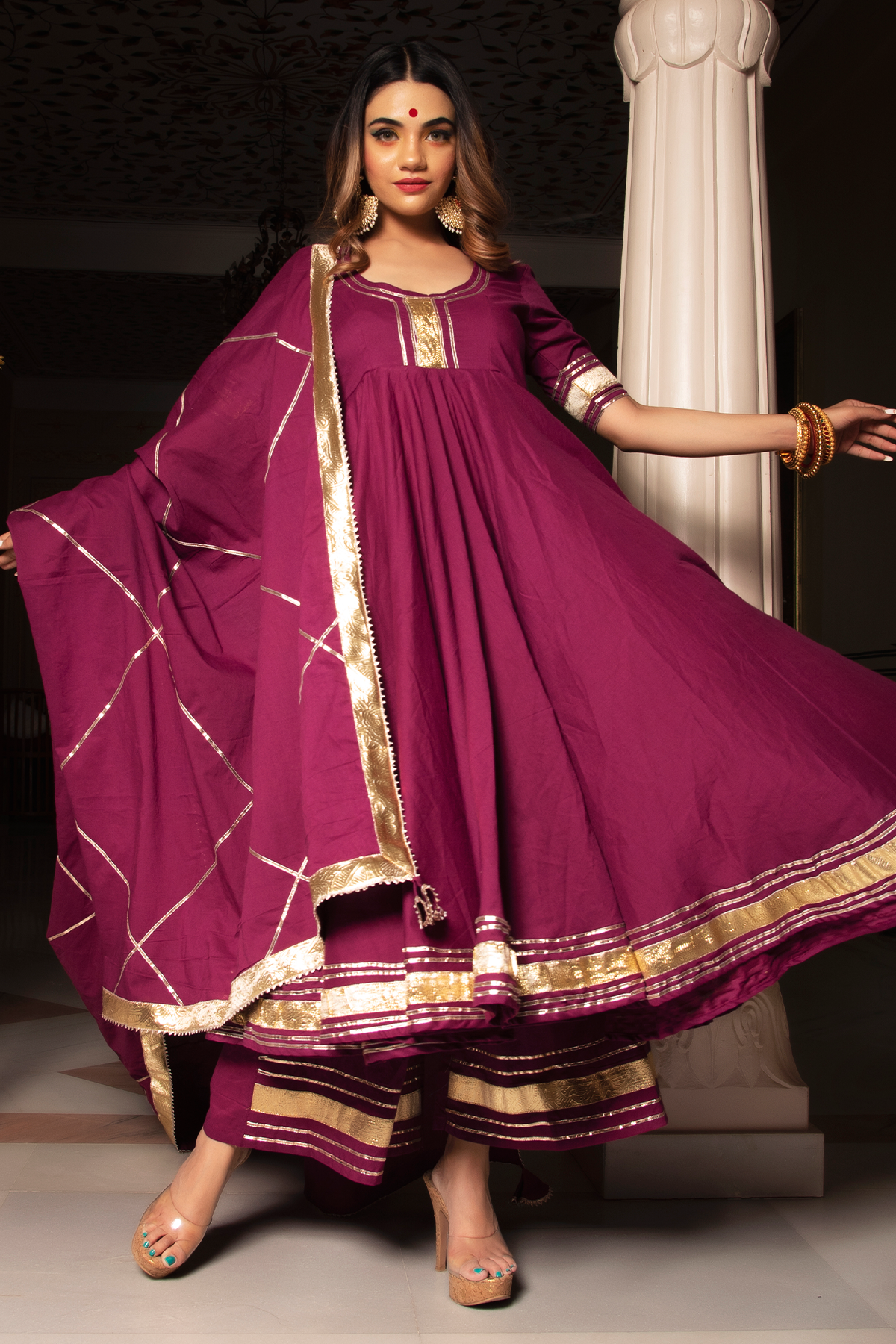 Women's BURGUNDY PURE COTTON ANARKALI SET - Pomcha Jaipur