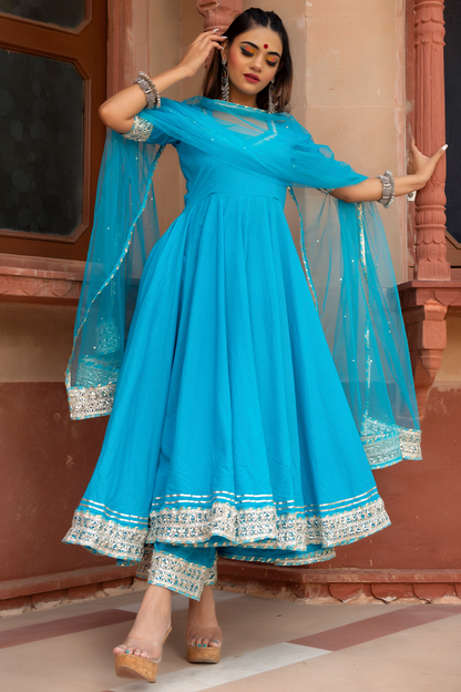 Women's Sky Blue Cotton Anarkali Kurta with Pant & Dupatta (3pcs Set) - Pomcha Jaipur