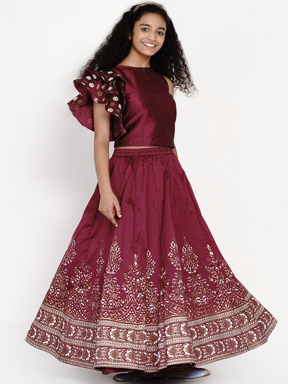 Girl's Burgundy & White Block Print Ready to Wear Lehenga With Choli