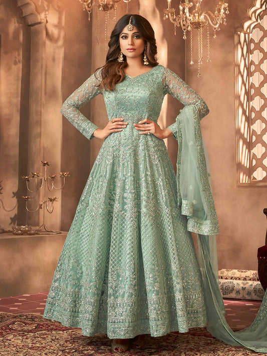 Women Sea Green Embroidered Anarkali Suit by  (2pcs Set)