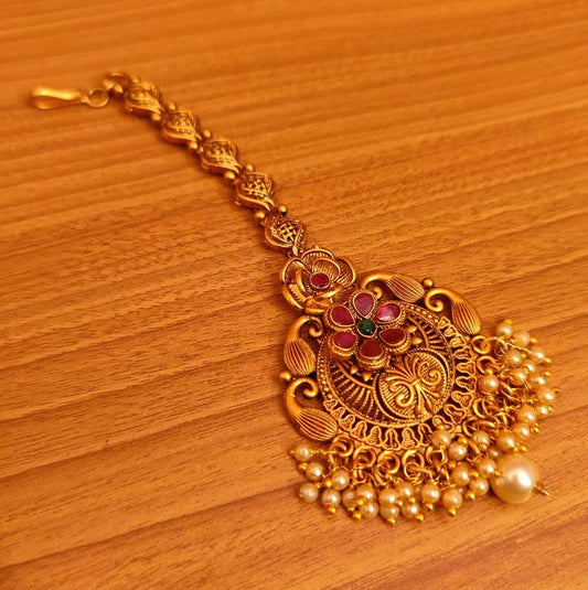 Women's Multicolour Flower Matt Gold Wedding Maang Tikka