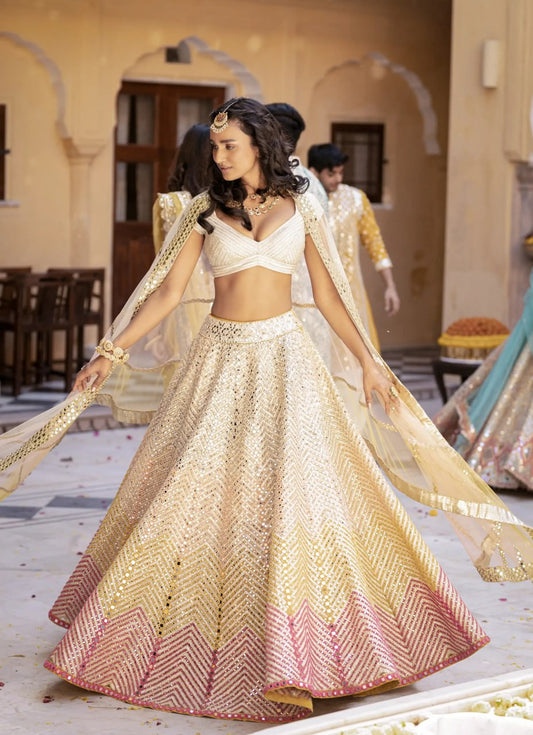 Women's Butter Cream Sequence With Thread Zari Embroidery Georgette Lehenga Choli With Dupatta