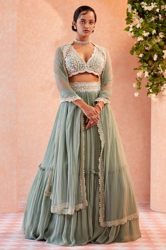 Women's Sea Green Two Tier Crush Georgette Lehenga Choli With Dupatta