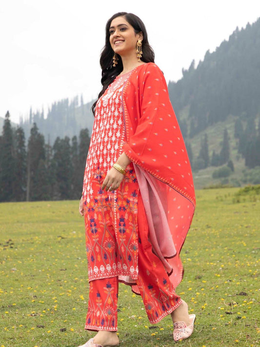 Women's Red Digital Print Kurta Palazzo With Dupatta