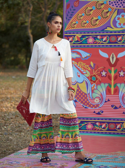 Women's White Kurta With Printed Sharara