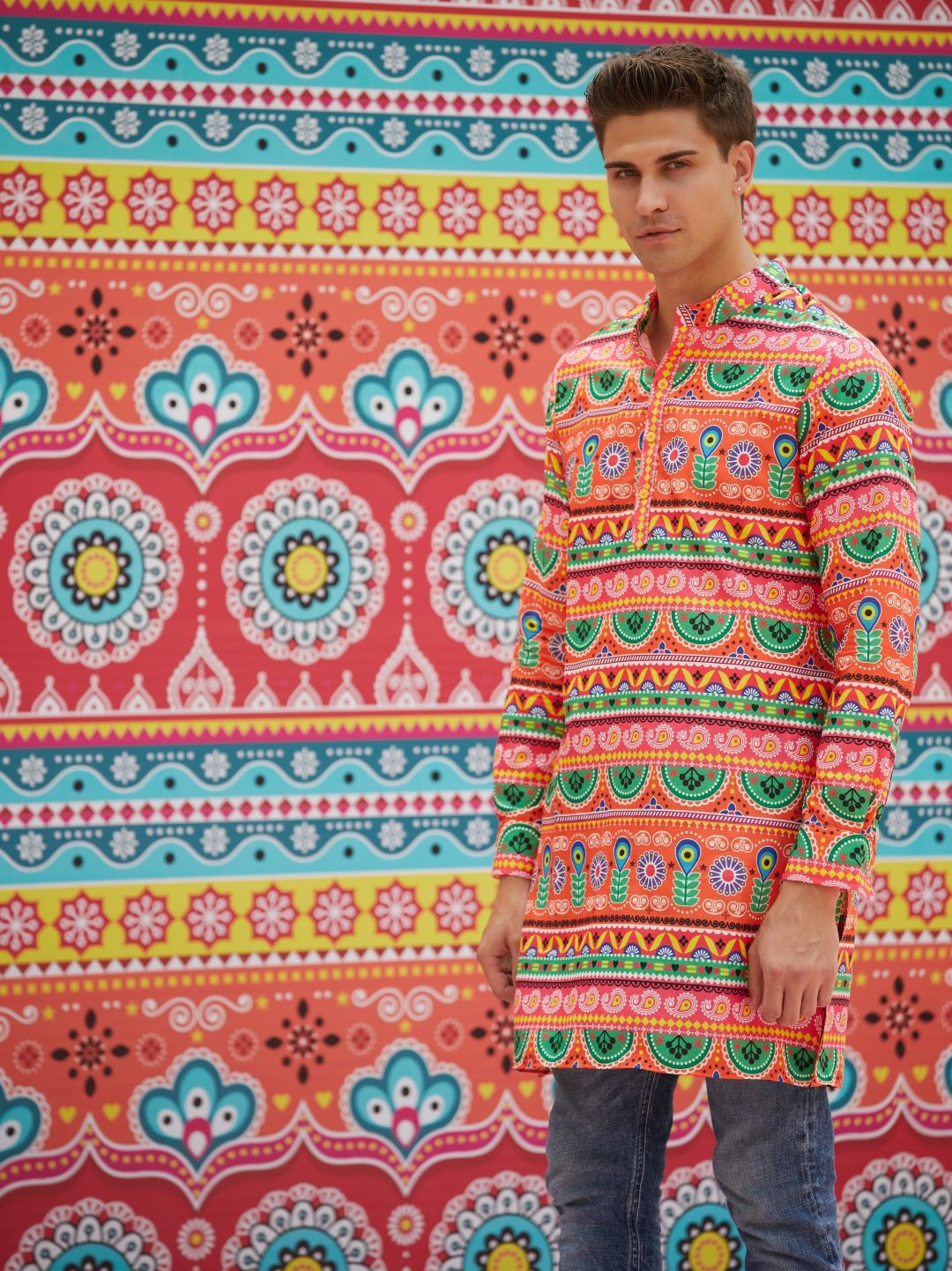 Men's Orange Green Floral Print Kurta