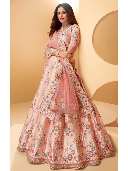 Women's Peach Silk Embroidered Lehenga