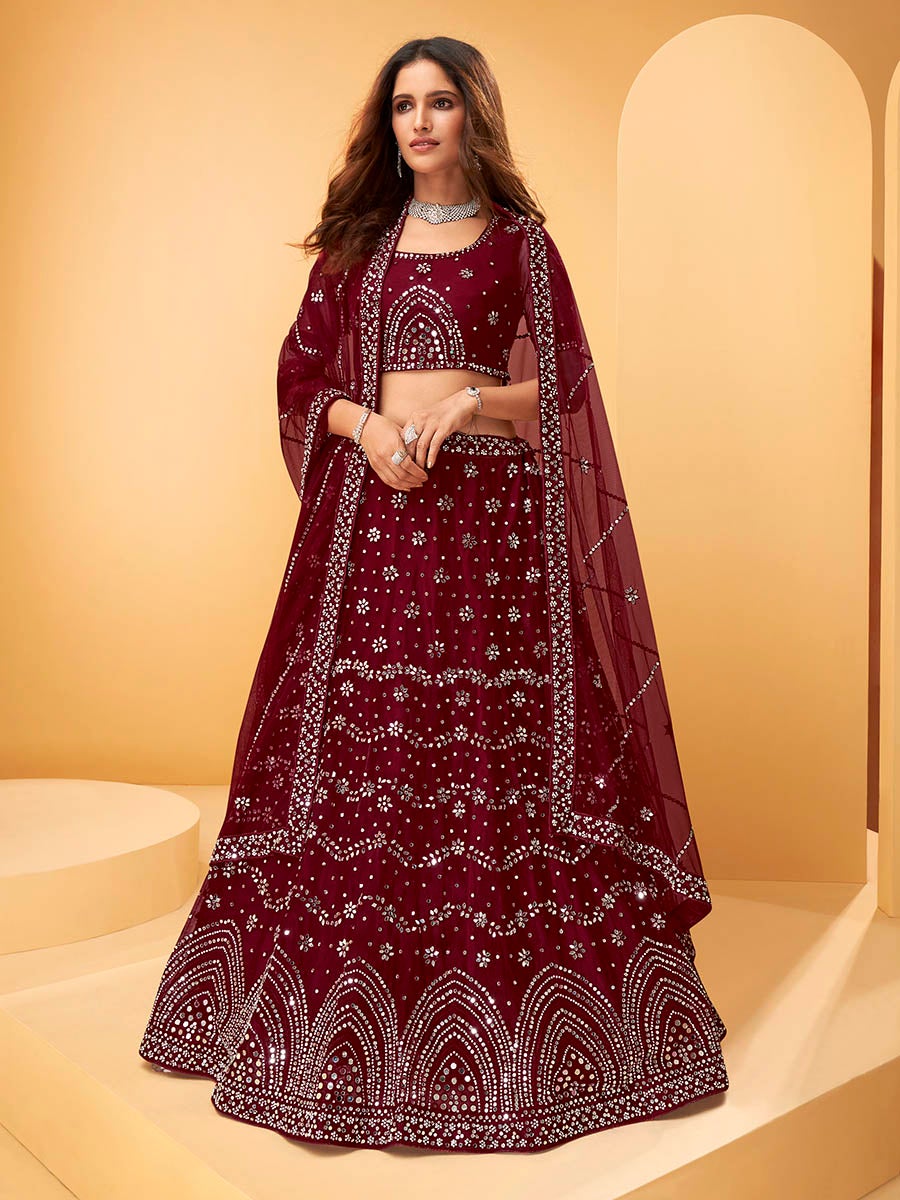 Women's Maroon Heavy Embroidered net Designer Lehenga