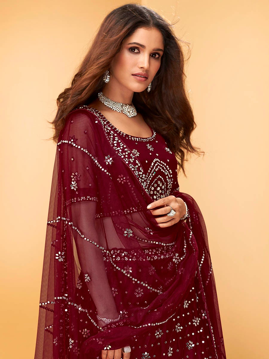 Women's Maroon Heavy Embroidered net Designer Lehenga