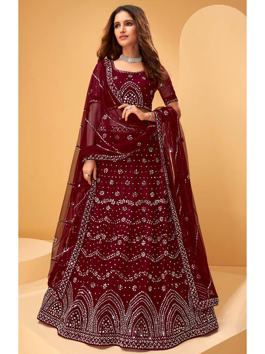 Women's Maroon Heavy Embroidered net Designer Lehenga