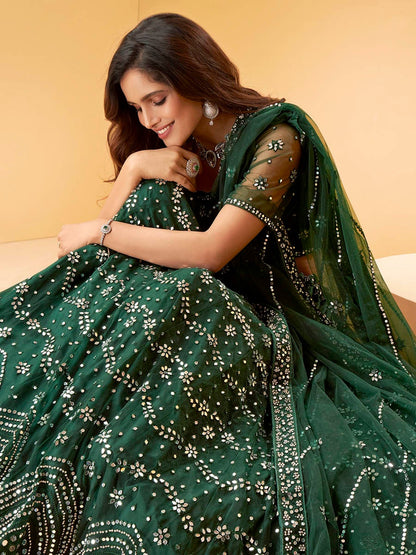 Women's Green Heavy Embroidered net Designer Lehenga