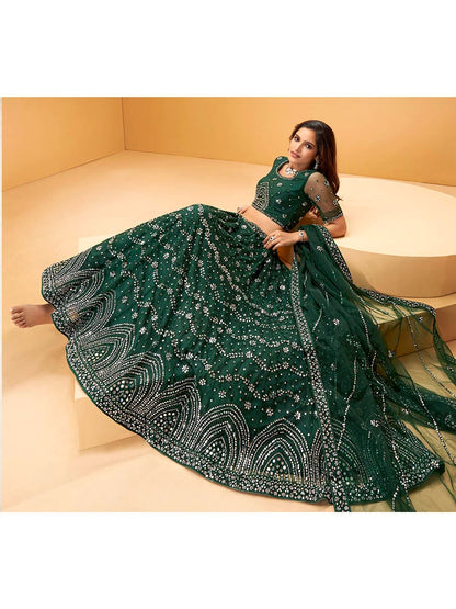 Women's Green Heavy Embroidered net Designer Lehenga