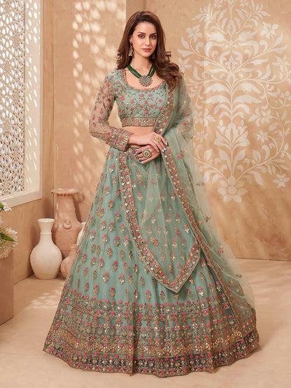 Women Mint Green Embroidered Lehenga Choli by  (3pcs Set)