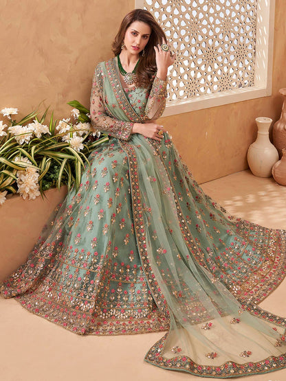 Women Mint Green Embroidered Lehenga Choli by  (3pcs Set)