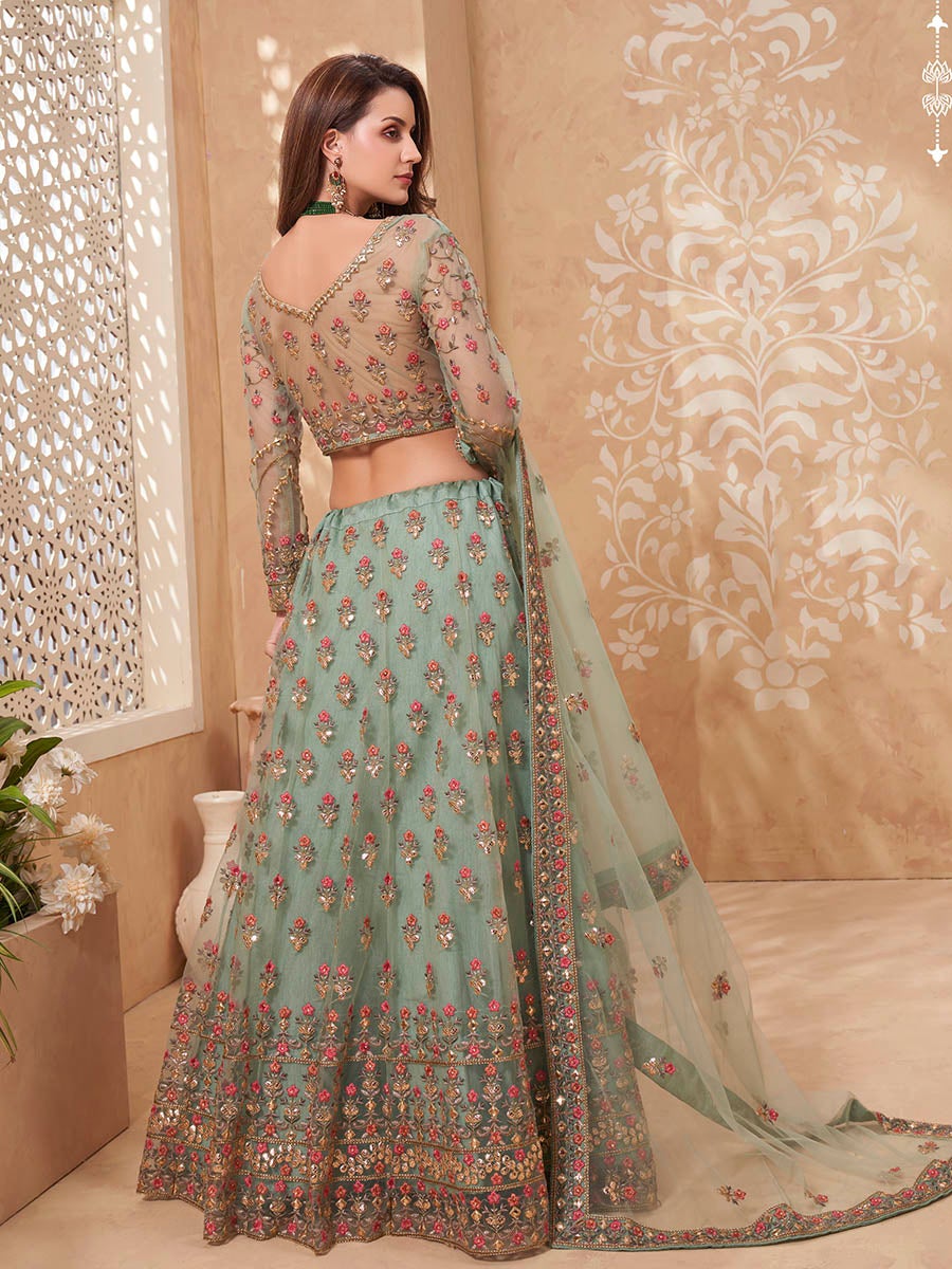 Women Mint Green Embroidered Lehenga Choli by  (3pcs Set)