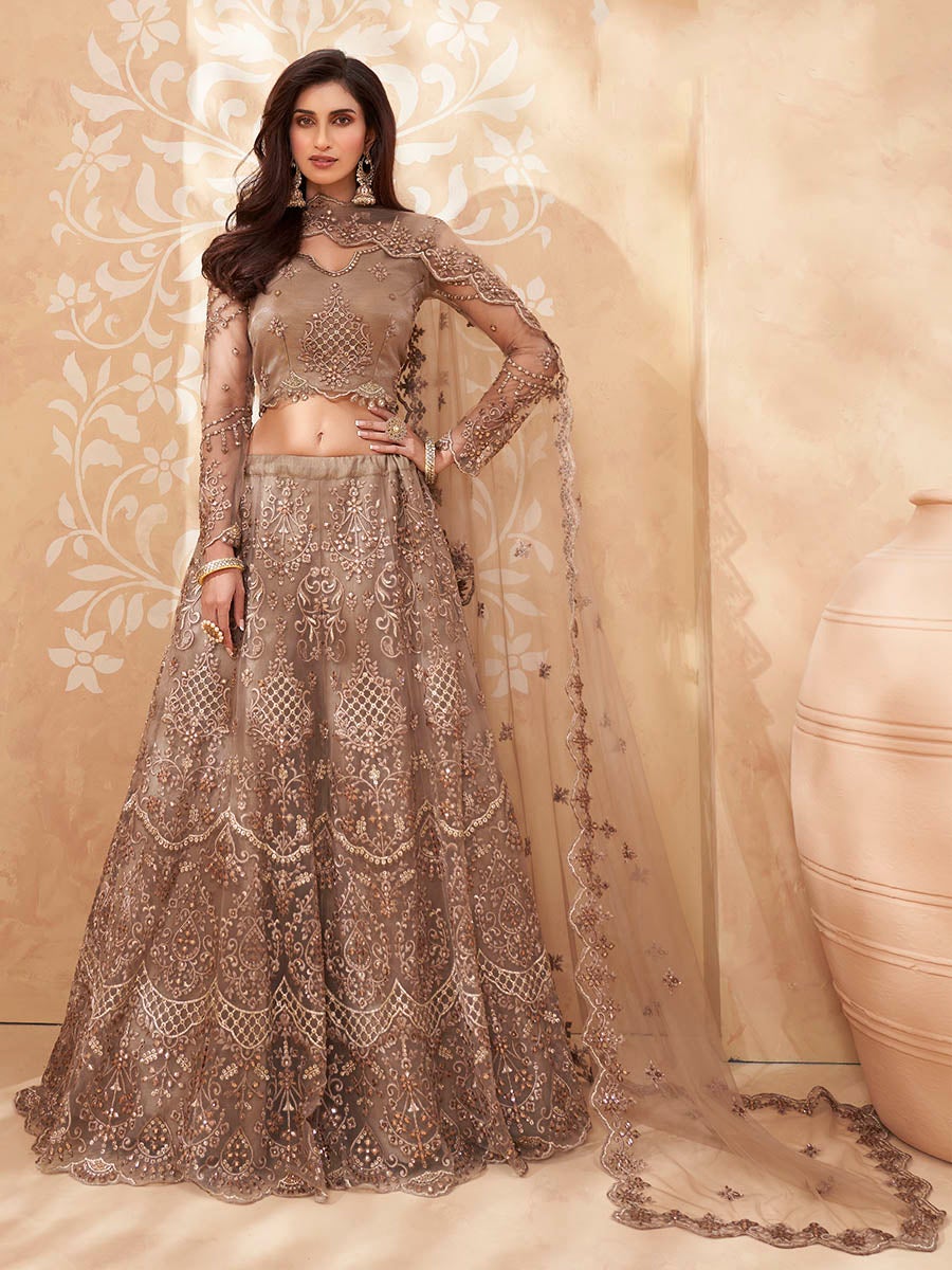 Women's Brown Heavy Embroidered Net Lehenga