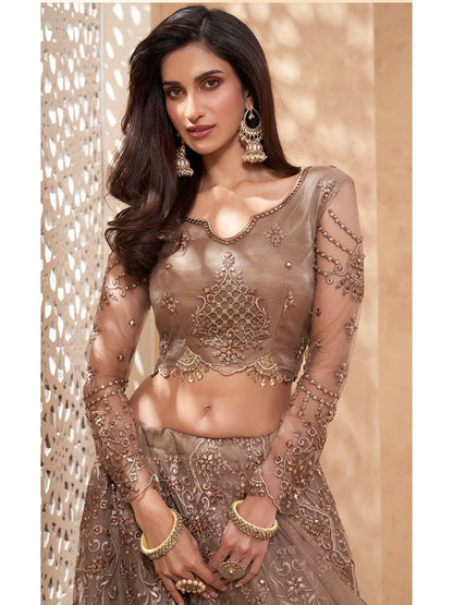 Women's Brown Heavy Embroidered Net Lehenga