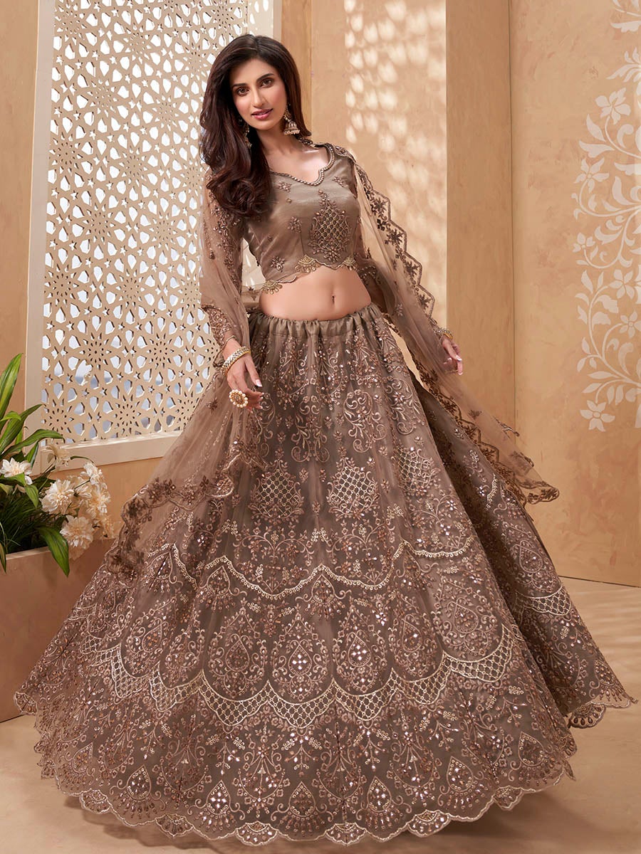 Women's Brown Heavy Embroidered Net Lehenga