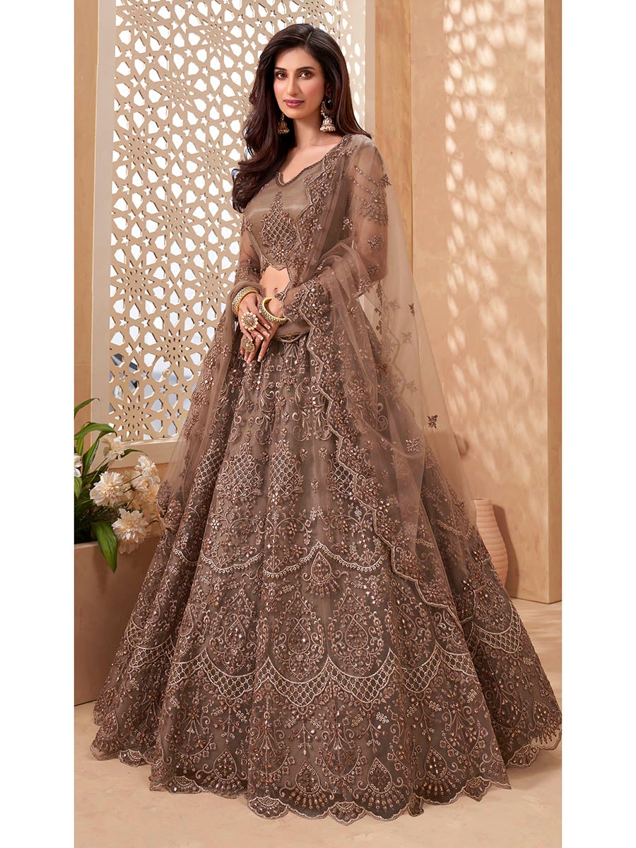 Women's Brown Heavy Embroidered Net Lehenga