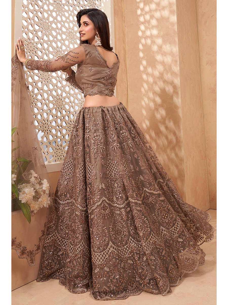 Women's Brown Heavy Embroidered Net Lehenga