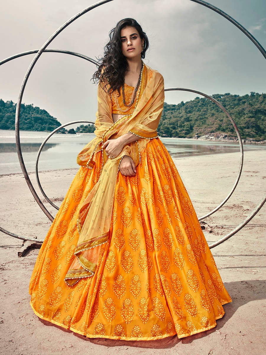 Women's Musturd Yellow Organza Printed Lehenga