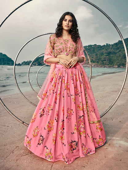 Women's Pink Organza Printed & Embroidered Lehenga