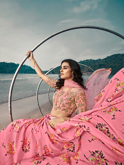 Women's Pink Organza Printed & Embroidered Lehenga