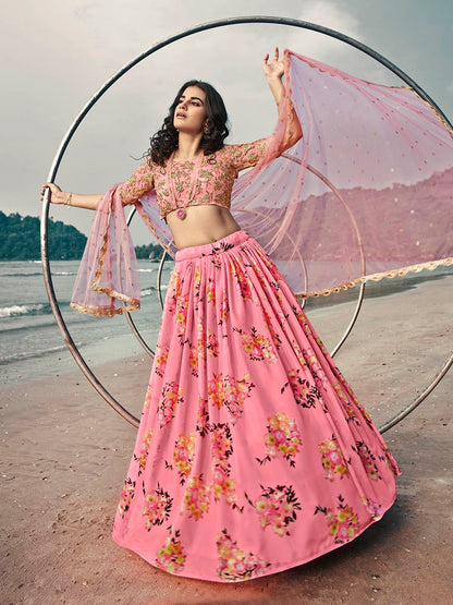 Women's Pink Organza Printed & Embroidered Lehenga