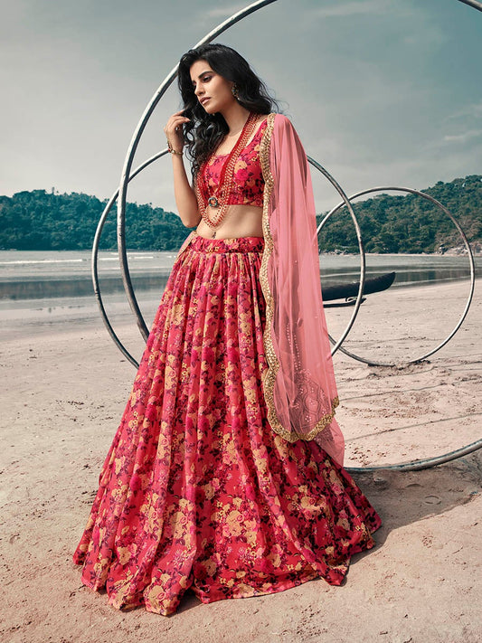 Women's Gajeri Red Organza Printed Lehenga