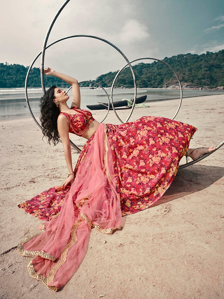 Women's Gajeri Red Organza Printed Lehenga