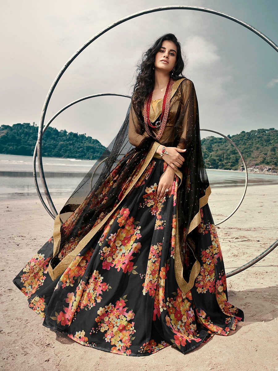 Women's Black Organza Printed Lehenga