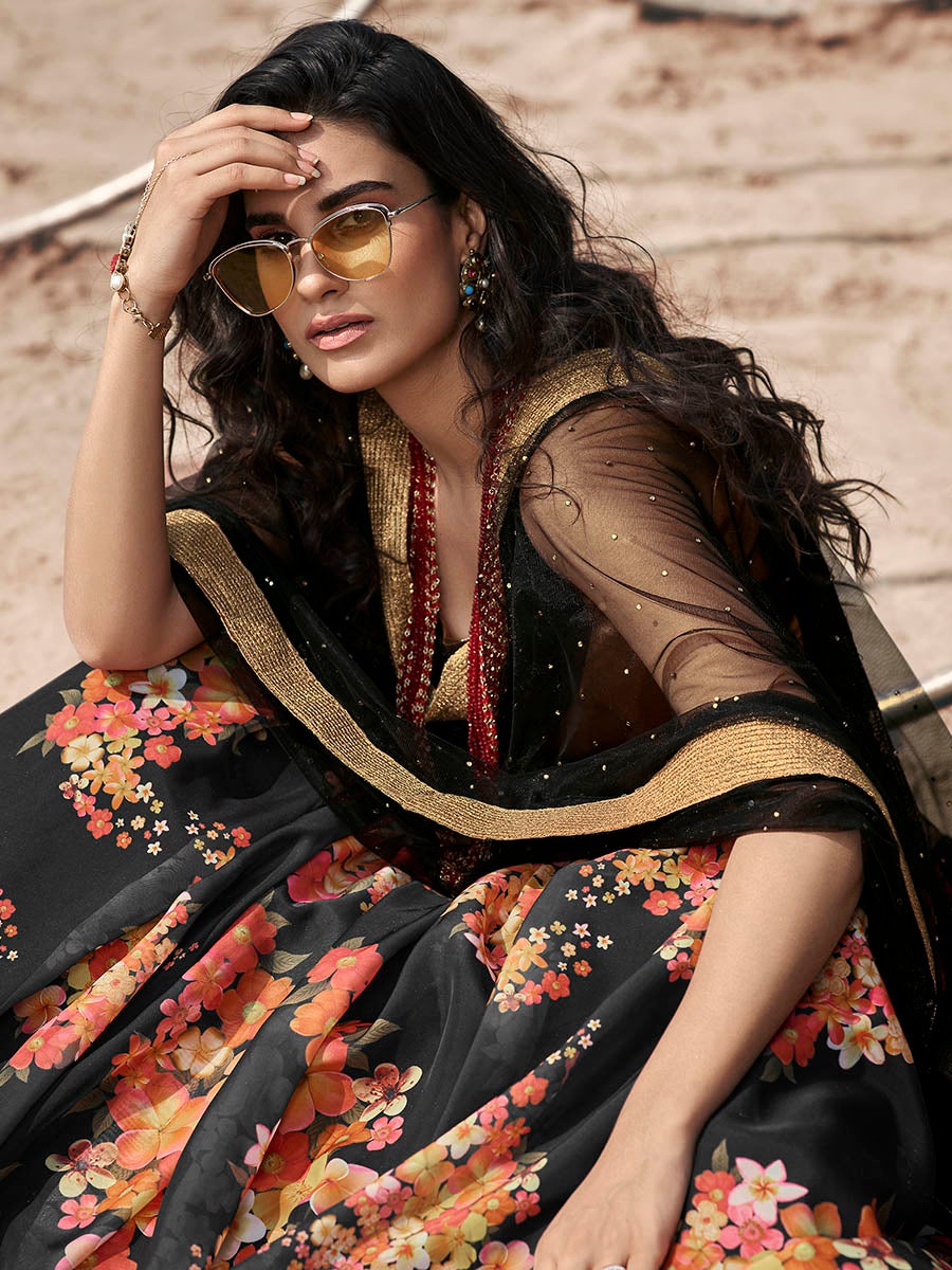 Women's Black Organza Printed Lehenga