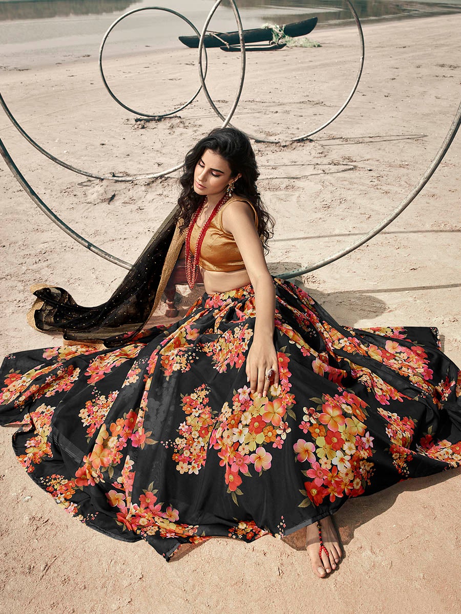 Women's Black Organza Printed Lehenga