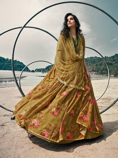 Women's Olive Green Organza Printed & Embroidered Lehenga