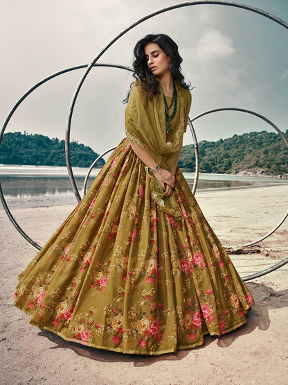 Women's Olive Green Organza Printed & Embroidered Lehenga