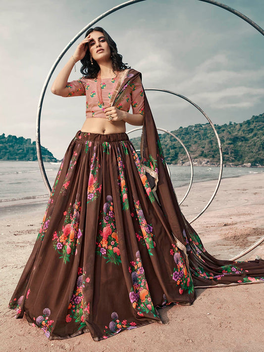 Women's Pink Organza Printed & Embroidered Lehenga