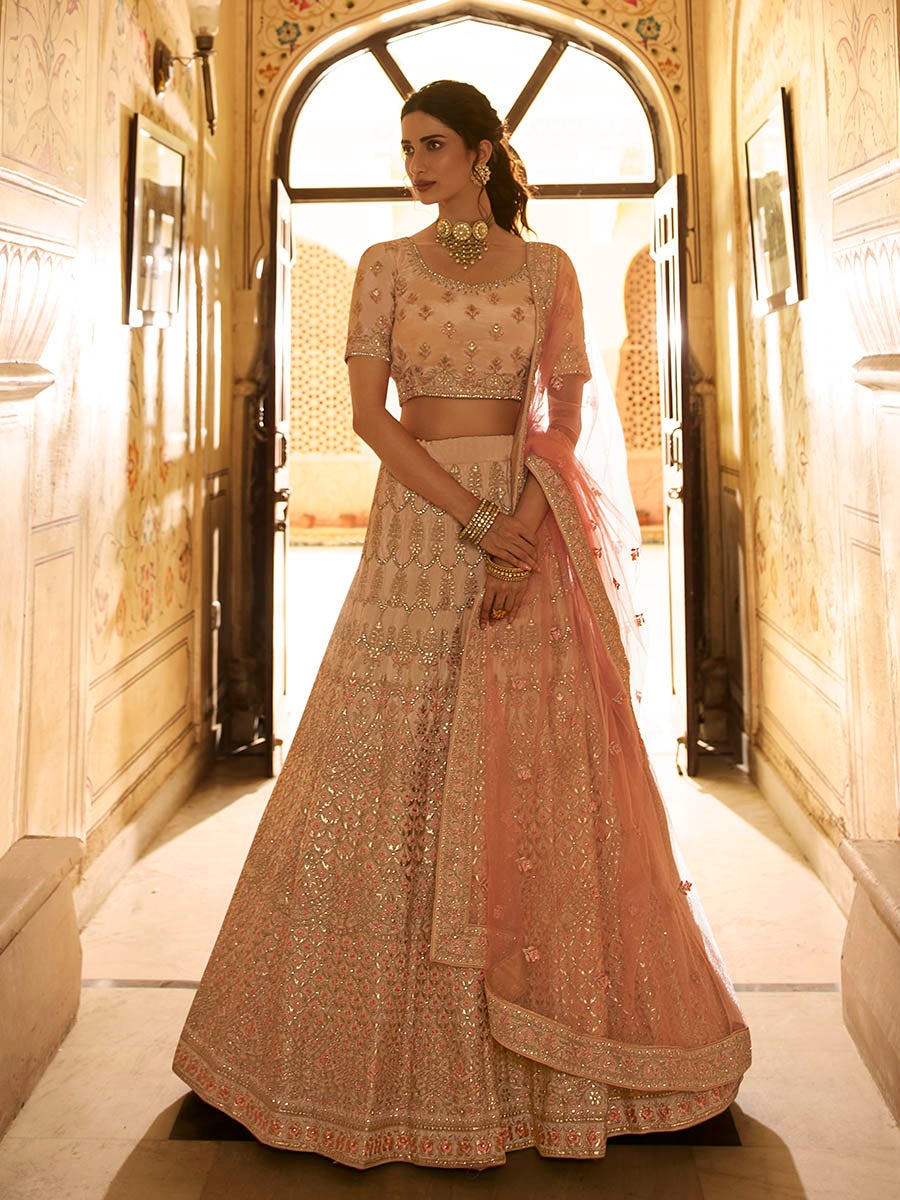 Women's Peach Crepe Embroidered Lehenga