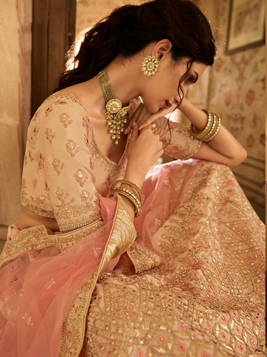 Women's Peach Crepe Embroidered Lehenga